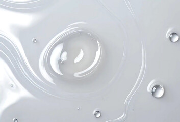 Transparent resin on white background, spreading in waves and with small drops. Simple abstract background.