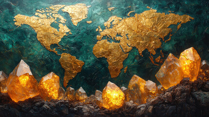 Conceptual world map shaped from abundant minerals highlights global resource distribution