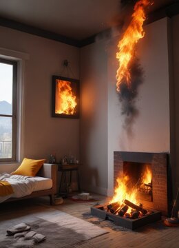 Un bombero con manguera apaga un incendio en una habitaci?n con paredes quemadas, incendio, evacuaci?n