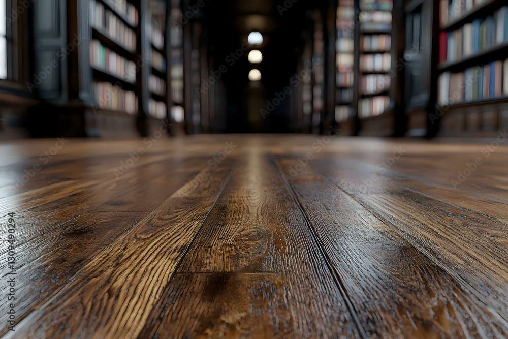 Aufkleber dark wooden floor in library corridor with blurred bookshelves on both sides and soft ceiling lights