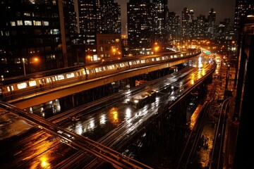Nighttime Urban Landscape with Rain and Illuminated City Lights