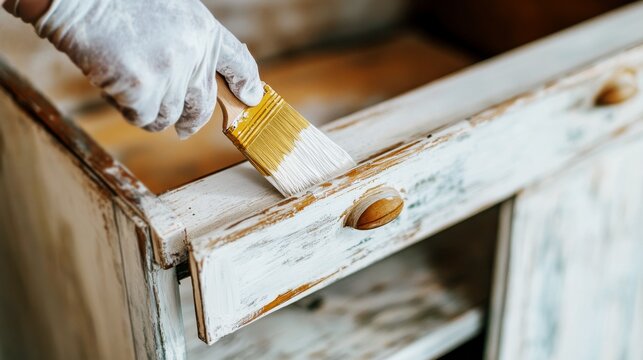 person painting an old wooden cabinet white, restoring antique furniture with a paintbrush, DIY home renovation