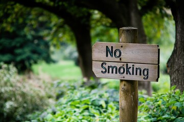 Wooden Sign Indicating No Smoking in Natural Outdoor Setting