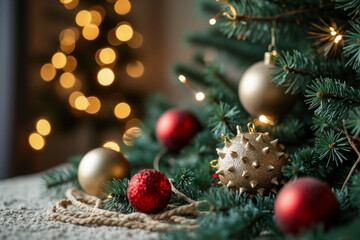 Fototapeta premium close-up of festive gold and red christmas ornaments on a christmas tree