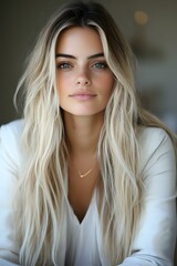 Naklejka premium Young Caucasian woman with long platinum blonde hair and blue eyes wearing white blouse and delicate necklace, soft natural makeup look against blurred background.