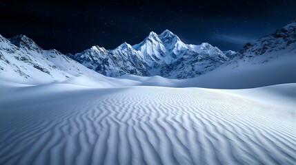 Moonlit snow patterns on mountain landscape with majestic Himalayan peaks glowing under starry night sky, pristine winter wilderness scene in blue tones.