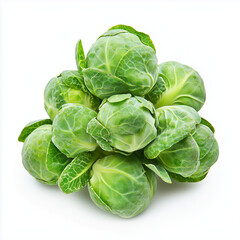 Obraz premium A small cluster of Brussels sprouts with bright green, tightly packed leaves, isolated on a white background