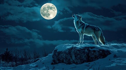 Coyote Howling Under Bright Full Moon in Night Sky