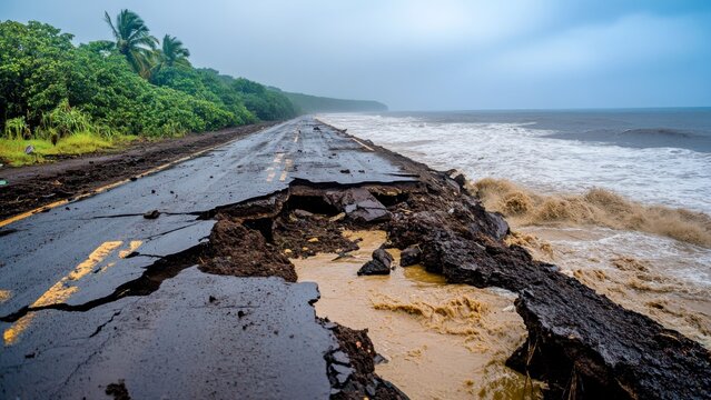 Coastal road severely damaged by extreme heavy rains and erosion, dramatic scene of natural disaster with cracked asphalt, flooding, and stormy ocean waves destroying infrastructure