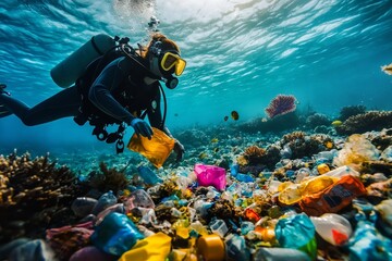 Diver Cleaning Ocean Pollution Among Colorful Plastic Waste