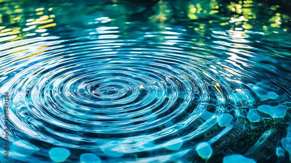 Poster concentric ripples on turquoise water surface with sunlight reflections creating mesmerizing circula