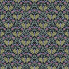 This pattern features a symmetrical design with stylized motifs of leaves, flowers, and abstract shapes. The color palette includes shades of green, pink, and blue against a dark background, creating 