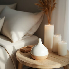Fototapeta na wymiar modern aroma diffuser and candles on a wooden bedside table in a minimalist bedroom setting