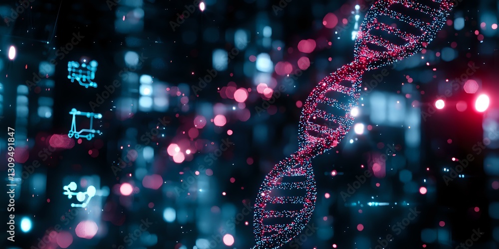 Poster glowing dna helix structure with musical notes floating in dark space surrounded by pink and blue bo