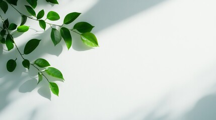 Minimalist Green Leaves on White Background with Sunlight Shadow, Nature, Simplicity