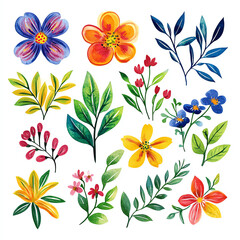 A vibrant collection of hand-painted flowers and leaves in various colors and styles, perfect for enhancing your design projects and adding a touch of nature to your artwork.