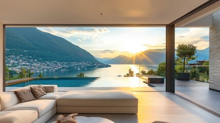 Fototapeta premium Luxury Lakeside Villa with Breathtaking Sunset Views