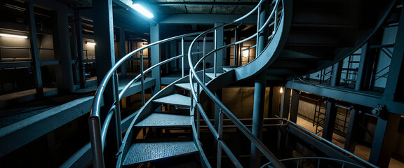 Spiral staircase leading deep into hydroelectric facility, industrial allure