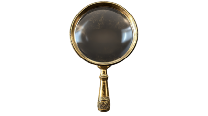 "A magnifying glass positioned at an angle, highlighting fine details, isolated on a transparent background for a focused, investigative look