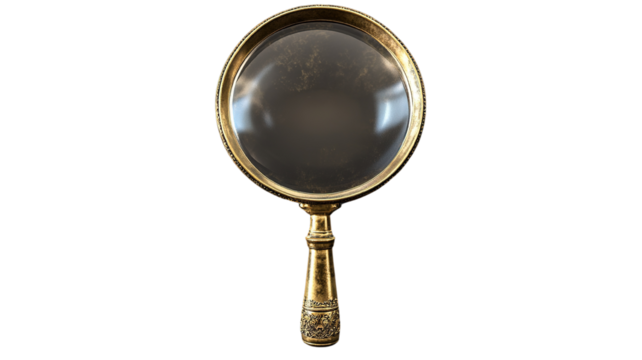 "A magnifying glass positioned at an angle, highlighting fine details, isolated on a transparent background for a focused, investigative look
