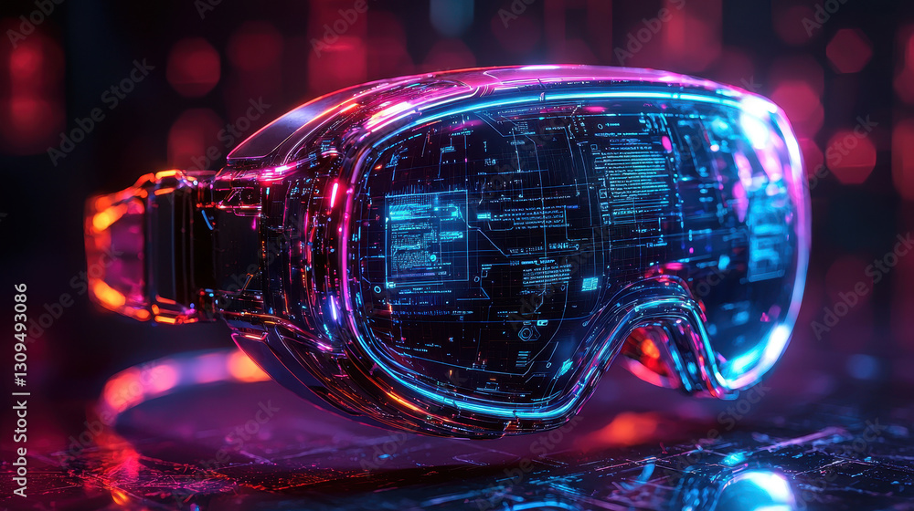 Poster advanced ai wearable device with holographic interface and neon lighting in futuristic setting