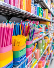 Colorful stationery and plastic containers on shelves.