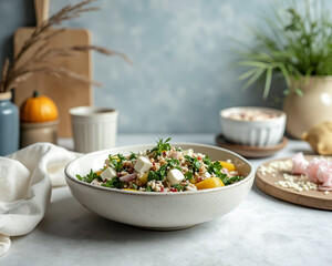 delightful salad with fresh parsley cheese grains and yellow vegetables