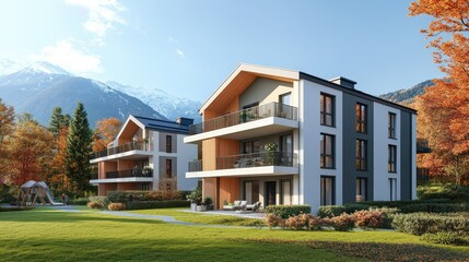 New eco-friendly apartment complex with balconies, situated in a green space near an autumn forest and mountains.