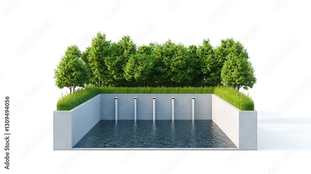 Poster a serene water feature surrounded by lush greenery, featuring a modern design with cascading water e