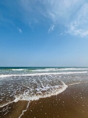 Blue sea horizon, beautiful natural color of the water, sandy beach, no people 