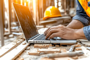 Construction worker using laptop on site.