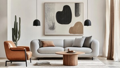 Modern living room featuring a comfortable, light gray sofa, brown leather armchair, and abstract art on the wall.  A wooden coffee table, and hanging pendant lights complete the stylish space..