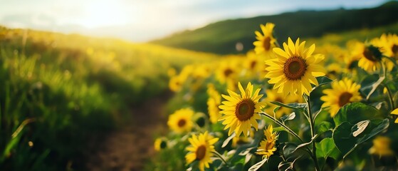 Bright sunflowers in a golden field at sunset.