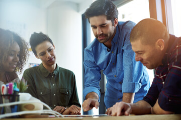 Design, tablet and teamwork with business people in office together for software development....