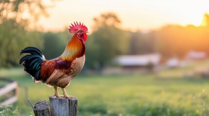 Rooster perched on a fence post at sunrise, overlooking a rural landscape.