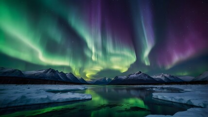 Spectacular Northern Lights Shining Over a Frozen Lake and Snowy Mountains
