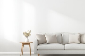 Fototapeta premium cozy living area with plush cushions on modern sofa bathed in soft natural light creating serene and inviting space
