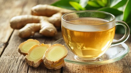 A soothing cup of ginger tea sits elegantly in a glass, accompanied by fresh ginger slices and vibrant green leaves on a rustic wooden surface, radiating comfort and health
