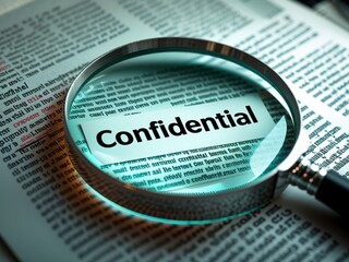 Confidential document under magnifying glass on a text background