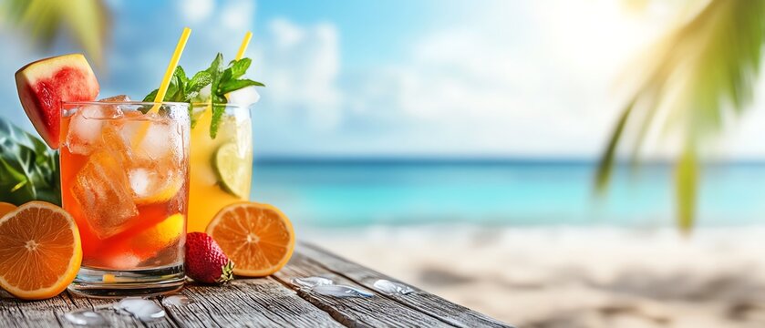 Refreshing cocktails on a sunny beach.
