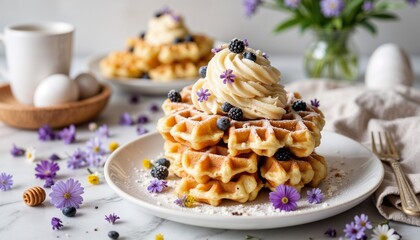 fluffy Belgian waffles with whipped cream, blueberries, and edible flowers on a white plate, elegant breakfast dessert with honey and powdered sugar