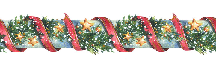 Garland decoration Christmas, New Year with green fir tree branches, red twisting ribbons, golden stars and snow. Watercolor hand drawn illustration. Seamless border isolated from background