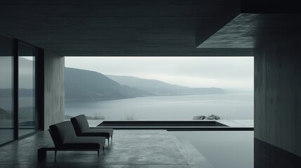 Fototapeta premium Modern Minimalist Interior with Serene Lake View and Relaxing Ambiance