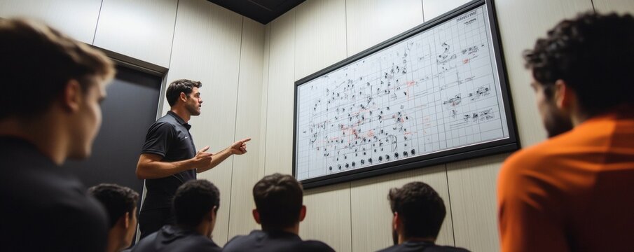 A coach explaining a strategy to a group inside a room