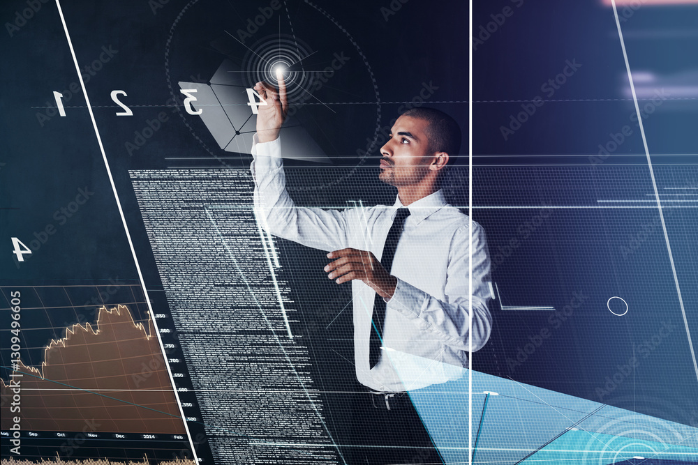 Poster Man, touch and hologram in office for finance, cryptocurrency and interactive dashboard at night. Working late, trader and future tech in overlay for market research, innovation and investment data