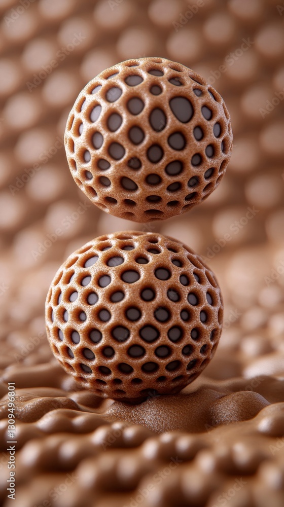 Poster two textured spheres, bronze and gold, rest on a similar textured surface. the spheres have a honeyc