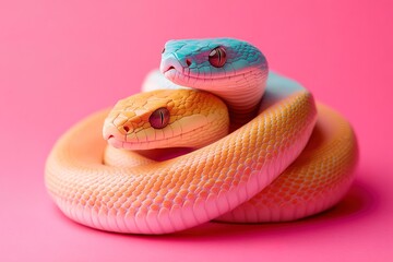 Fototapeta premium Colorful trio of snakes intertwined on a vibrant pink background