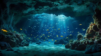 Mysterious Underwater Cave Filled with Colorful Fish and Blue Light
