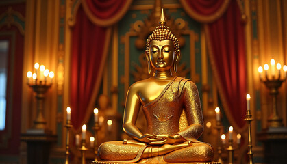 Fototapeta premium Solid gold Buddha in an elaborate altar room 