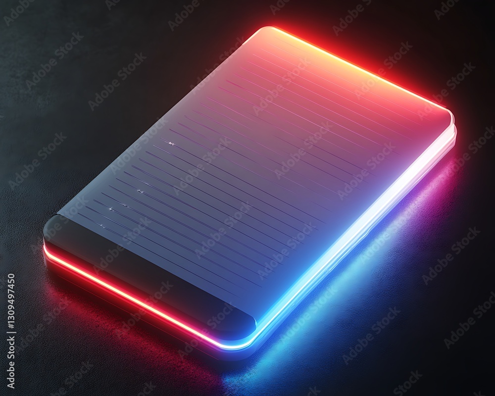 Poster glowing rectangular device illuminated with red and blue colors